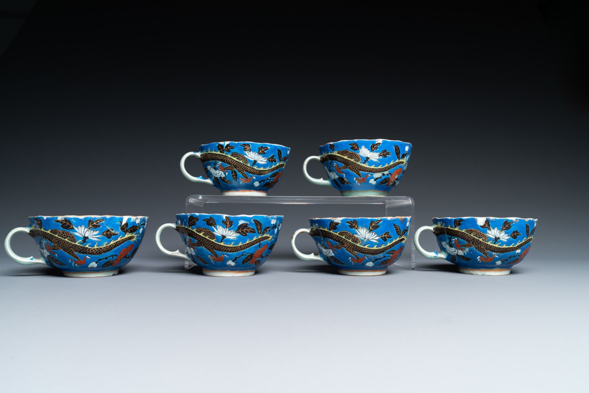 Six Chinese blue-ground cups and saucers with dragons, 19th C. - Image 6 of 9