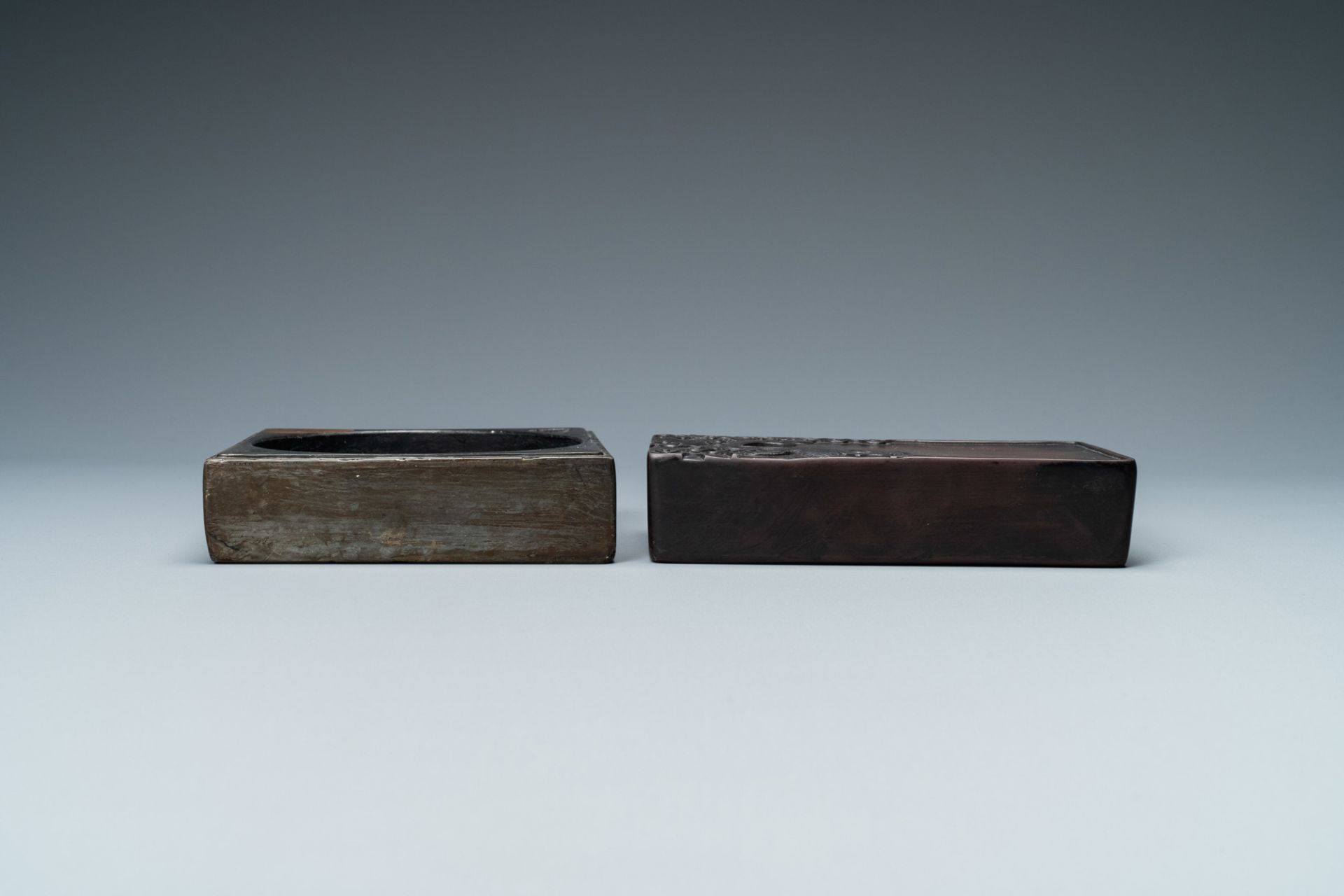 Two Chinese 'duan' ink stones in wooden cases, 19/20th C. - Image 5 of 8