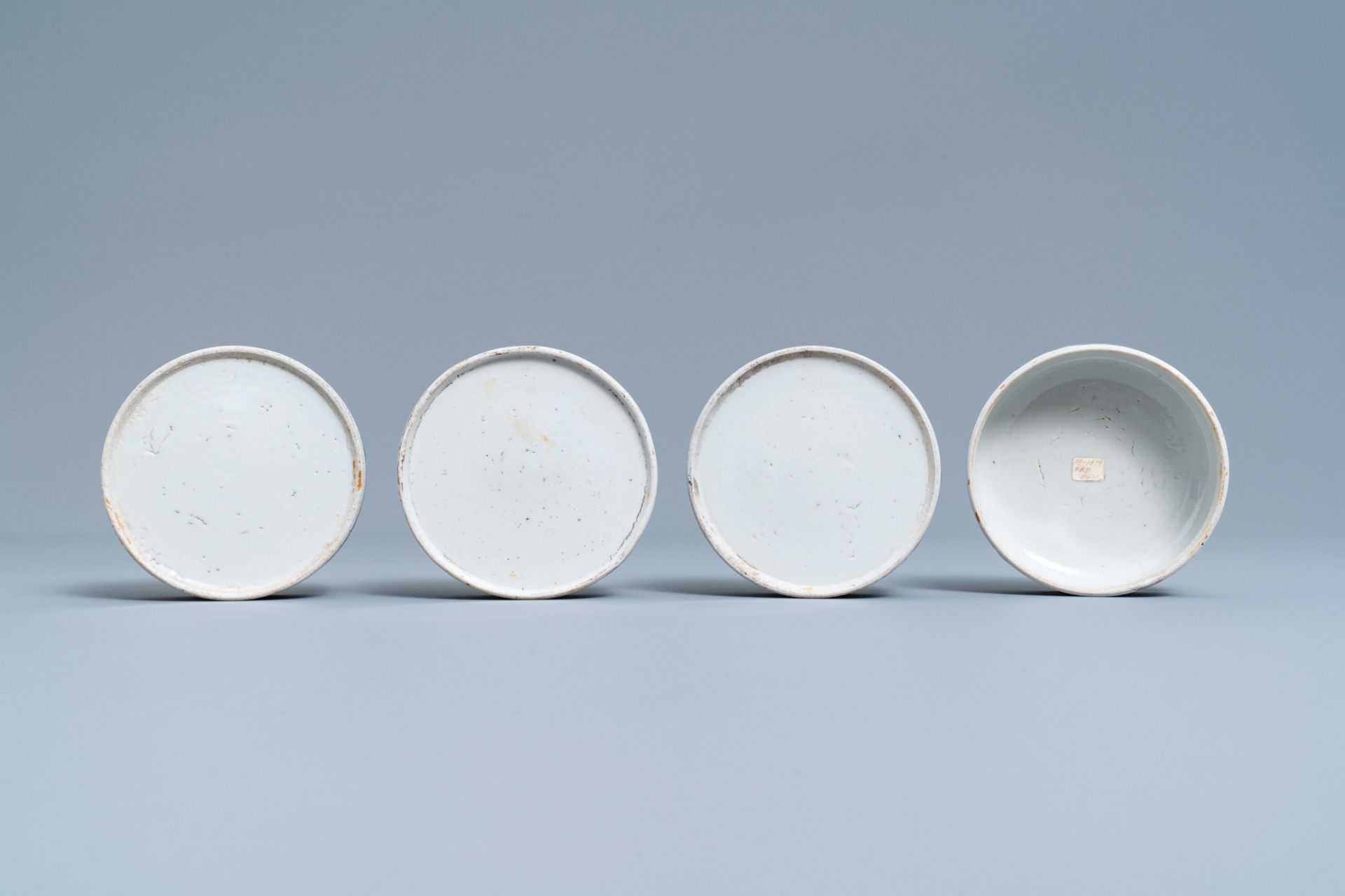 A pair of Chinese blue and white three-tier stacking boxes, a seal paste box and four saucers, 19th - Image 17 of 28