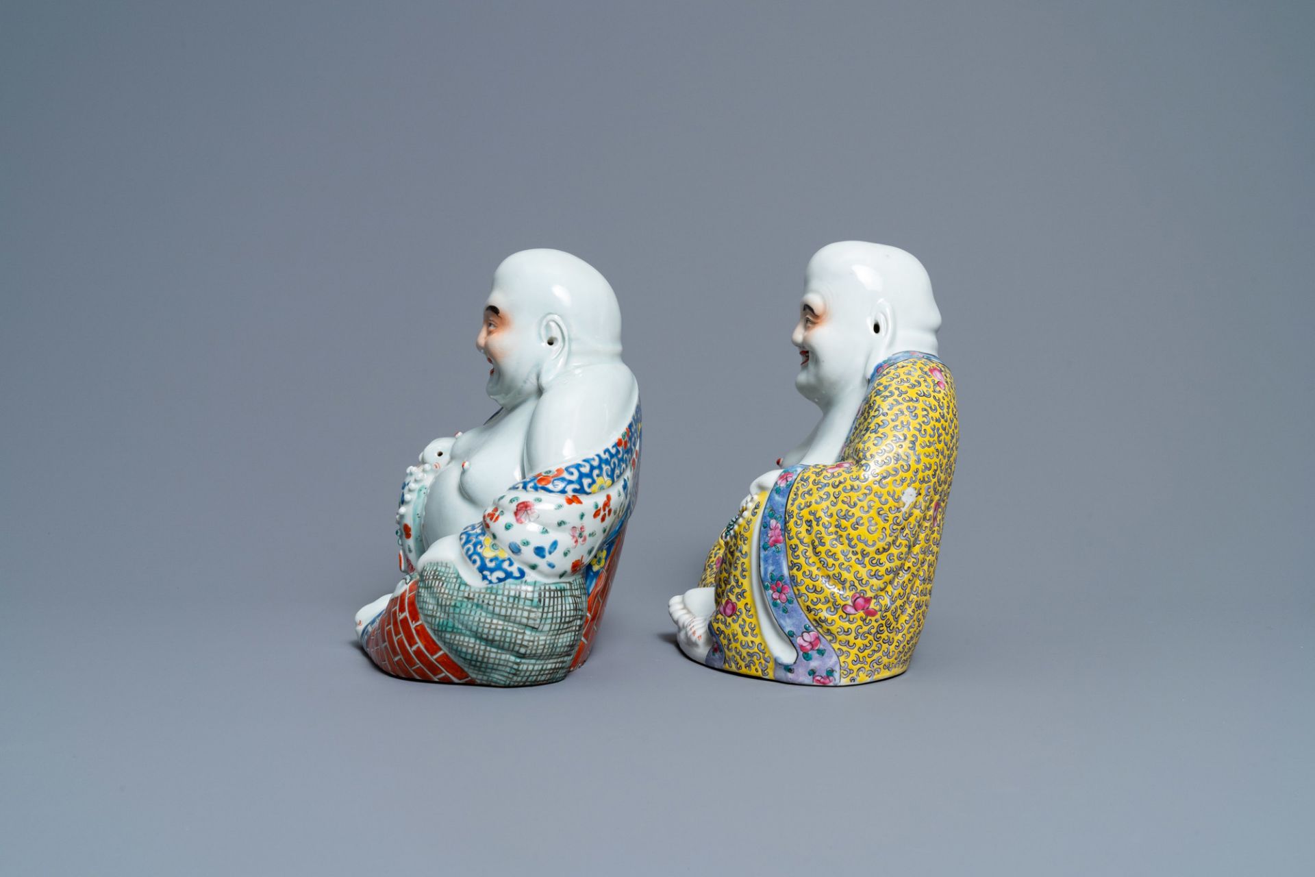 Two Chinese famille rose figures of Buddha, seal mark and workshop mark, 19th C. - Image 2 of 6
