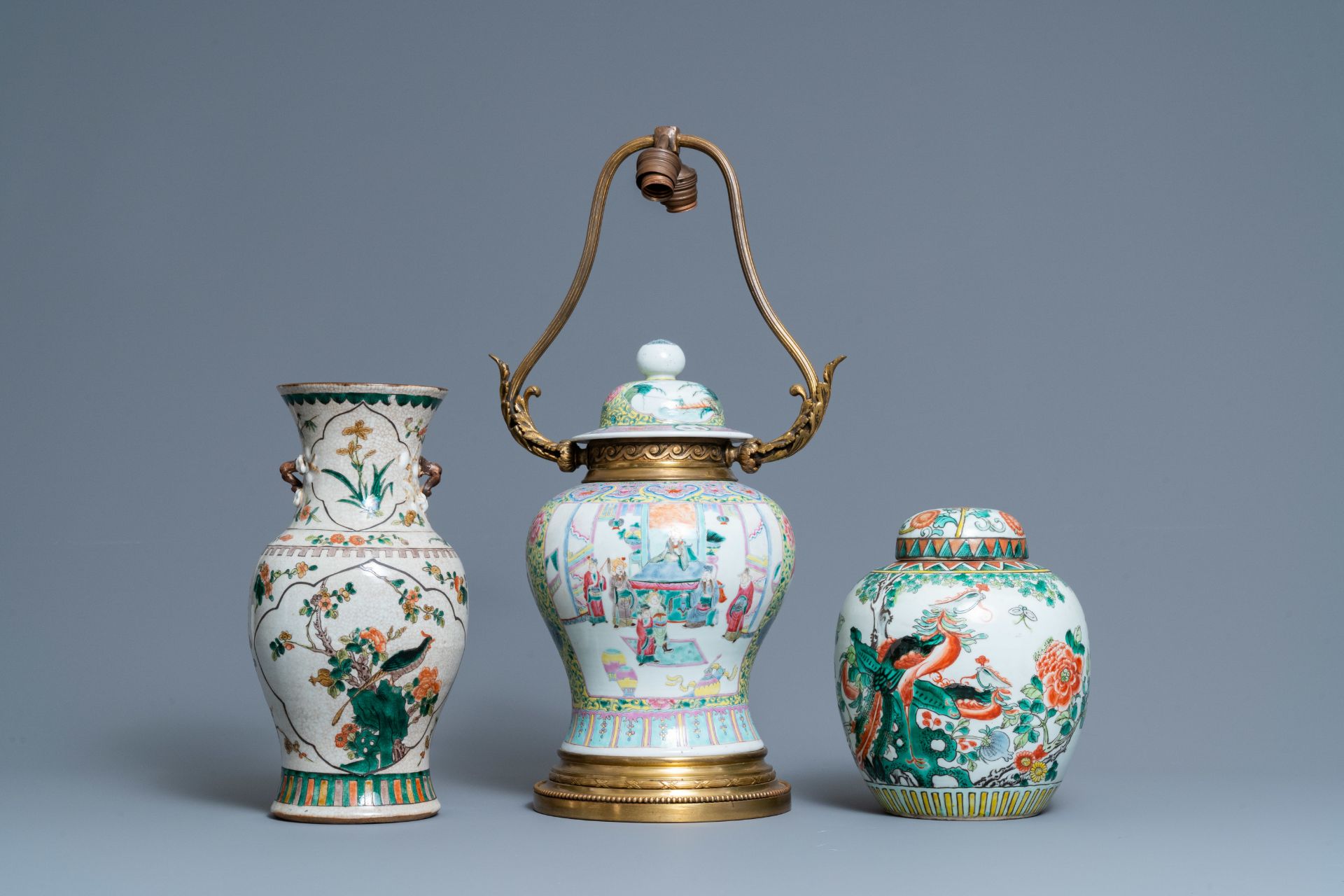 Two Chinese famille verte vases and a lamp-mounted famille rose vase, 19th C.