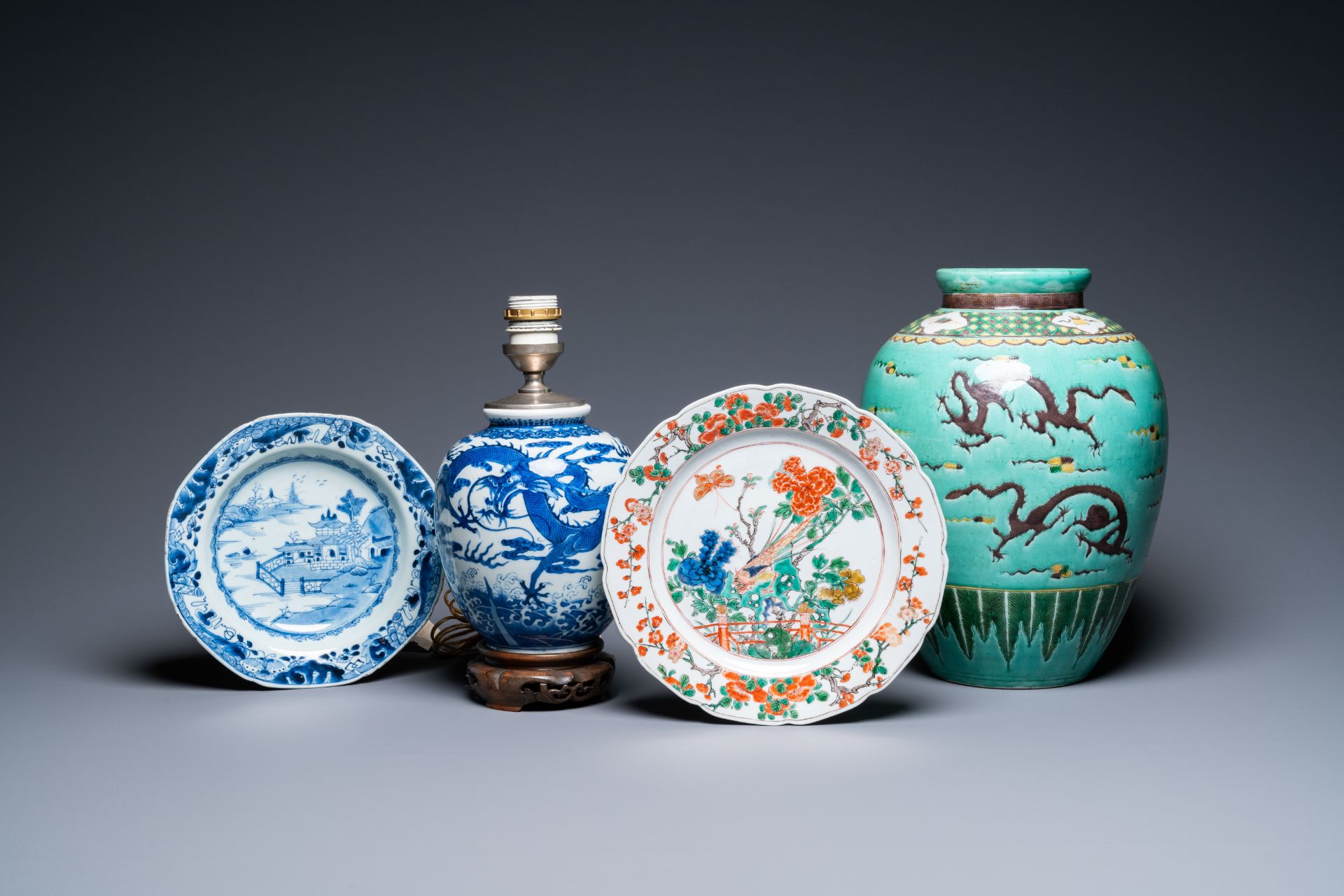 Two Chinese blue and white and famille verte dishes and two vases, Kangxi and later