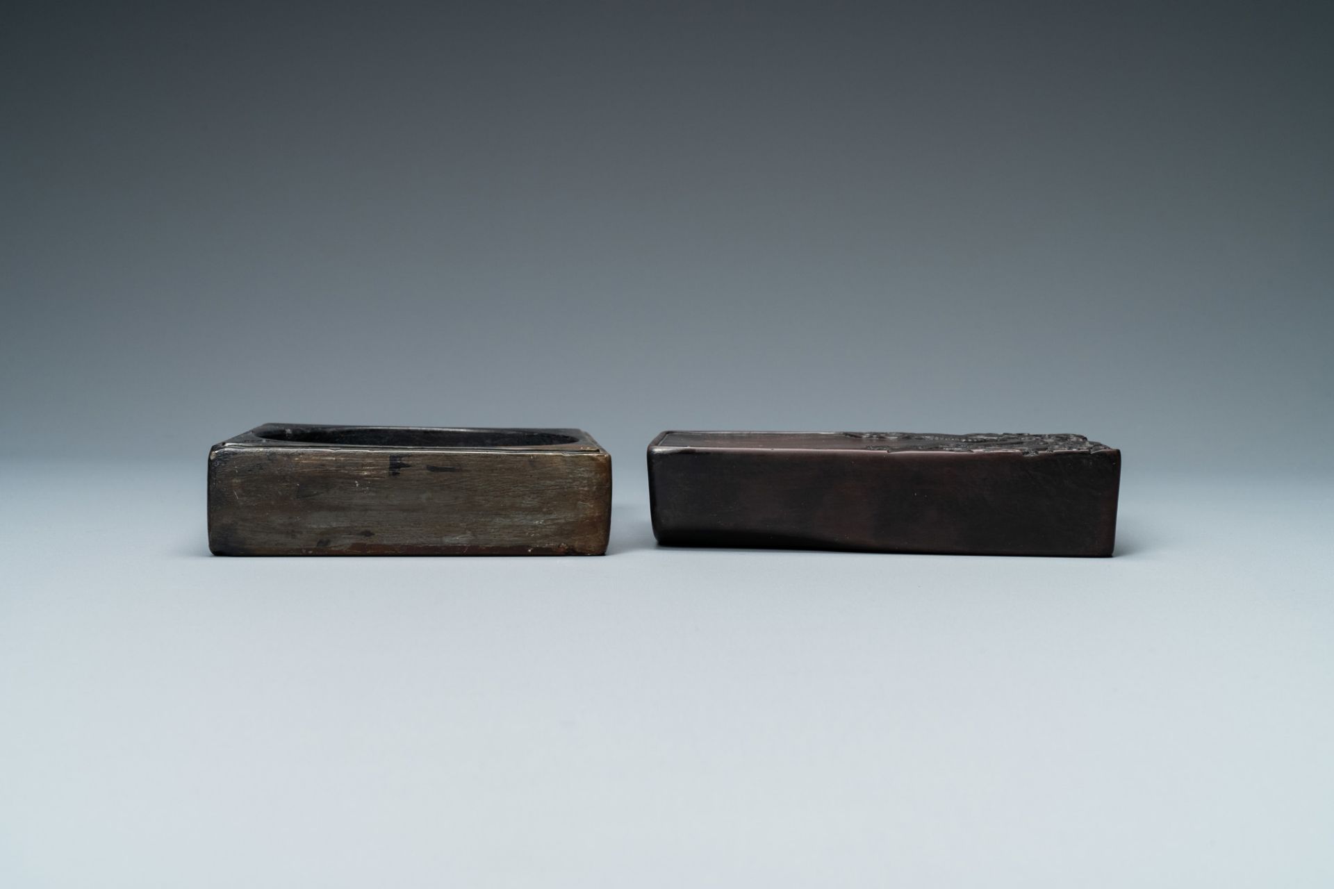 Two Chinese 'duan' ink stones in wooden cases, 19/20th C. - Image 3 of 8