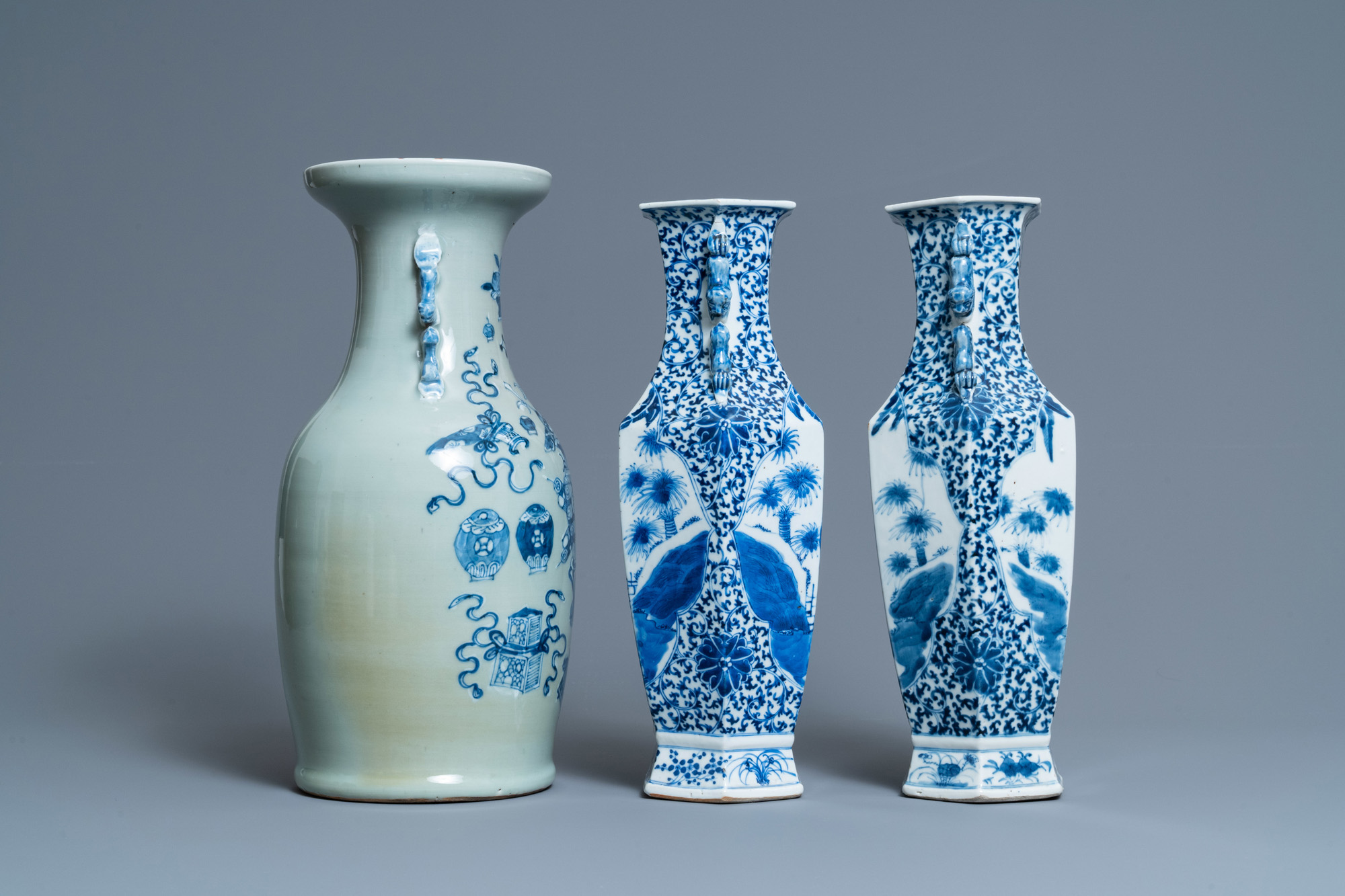 A pair of Chinese blue and white vases and a celadon-ground vase, 19th C. - Image 2 of 6