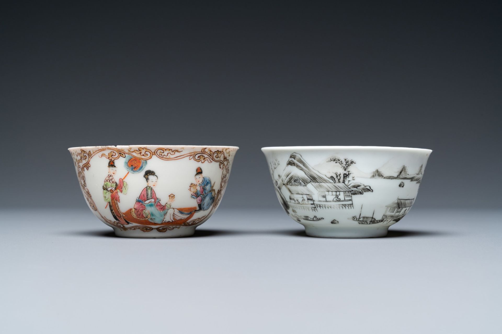 Two Chinese famille rose and grisaille cups and saucers, Yongzheng/Qianlong - Image 6 of 9