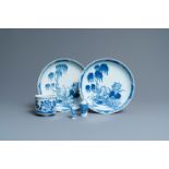 A pair of Chinese blue and white dishes, a brush pot and two snuff bottles, 18/19th C.