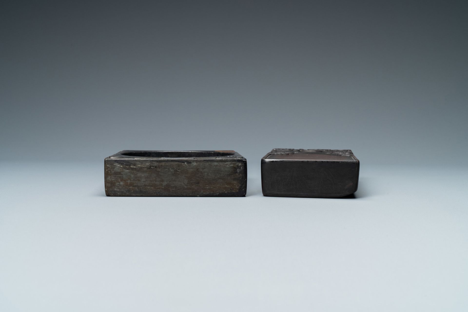 Two Chinese 'duan' ink stones in wooden cases, 19/20th C. - Image 6 of 8