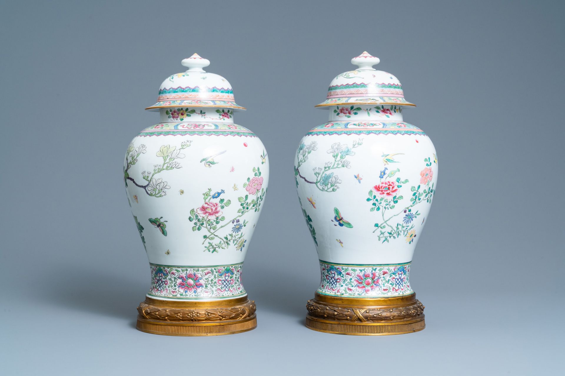 A pair of tall gilt bronze-mounted famille rose-style baluster vases and covers, Samson, Paris, 19th - Image 3 of 8