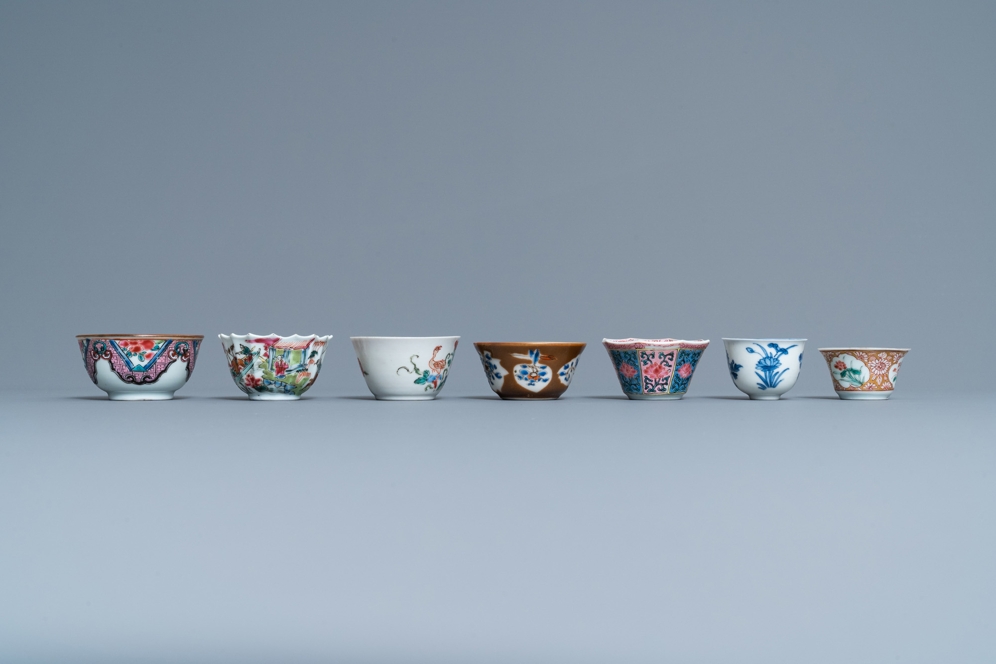 Seven Chinese famille rose and other cups and saucers, Kangxi and later - Image 7 of 11