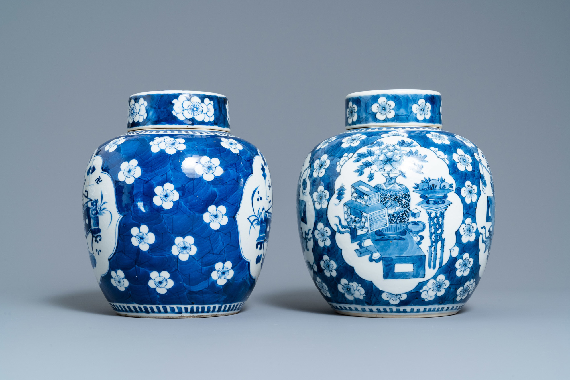 Four Chinese blue and white 'antiquities' jars and covers, 19th C. - Image 3 of 17