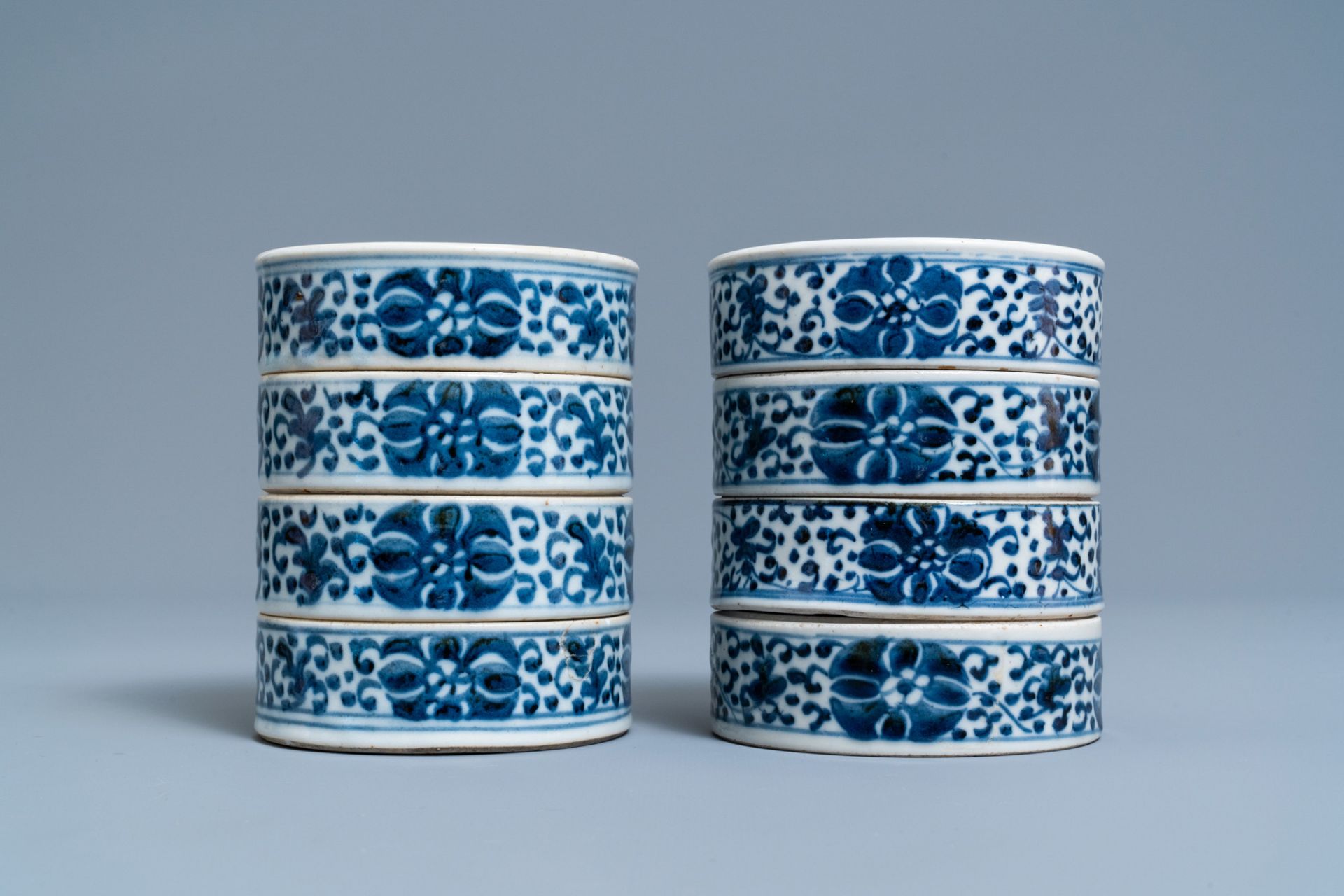 A pair of Chinese blue and white three-tier stacking boxes, a seal paste box and four saucers, 19th - Image 13 of 28