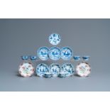 Nine Chinese blue and white and famille rose saucers and six cups, Kangxi/Qianlong