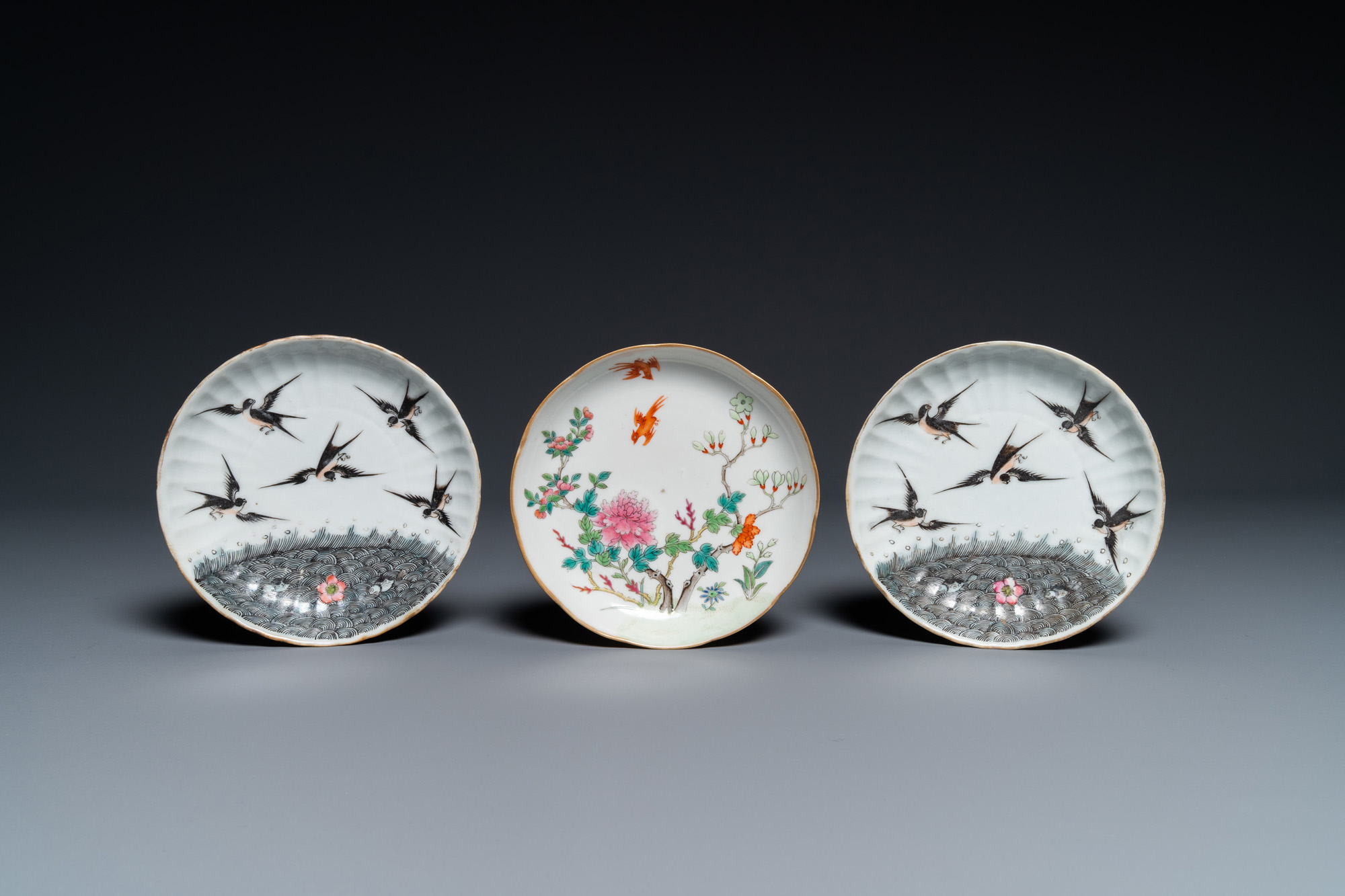 Seven Chinese famille rose saucers, a teapot and a covered box, 19th C. - Image 2 of 11