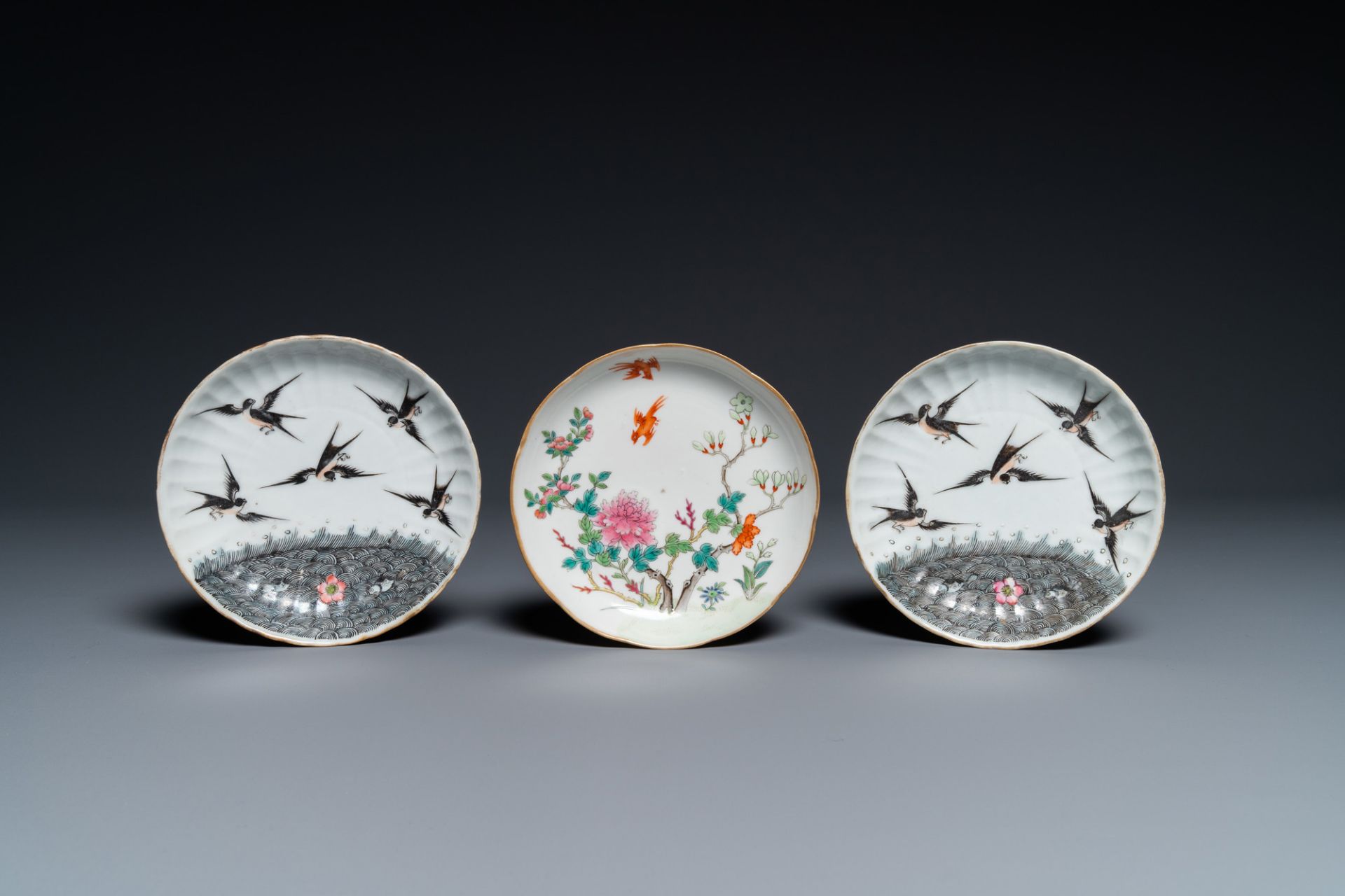 Seven Chinese famille rose saucers, a teapot and a covered box, 19th C. - Image 2 of 11