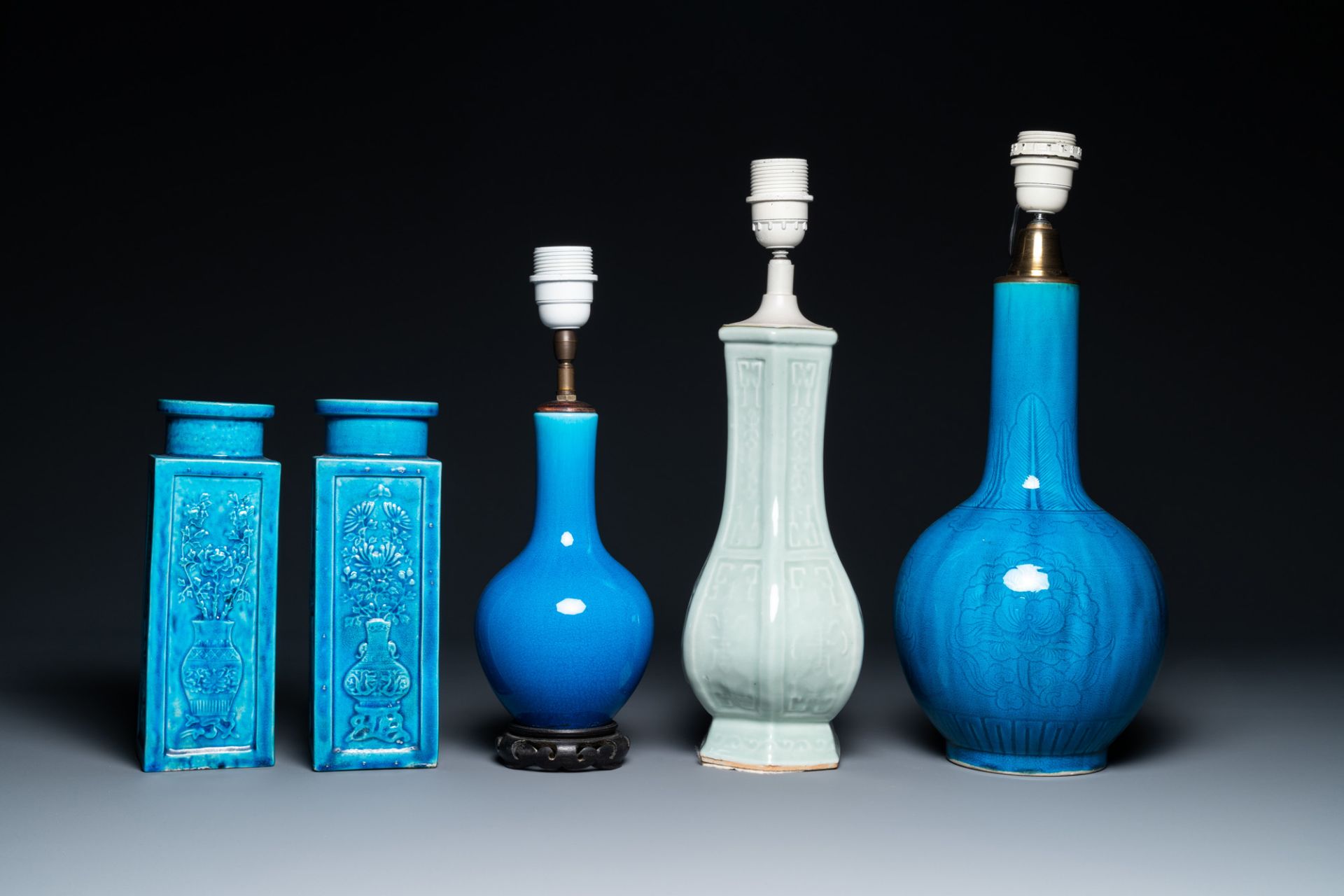Four Chinese monochrome turquoise vases and a celadon vase, 19/20th C. - Image 5 of 9