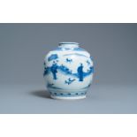 A Chinese blue and white jar with figures in a landscape, hare mark, Wanli