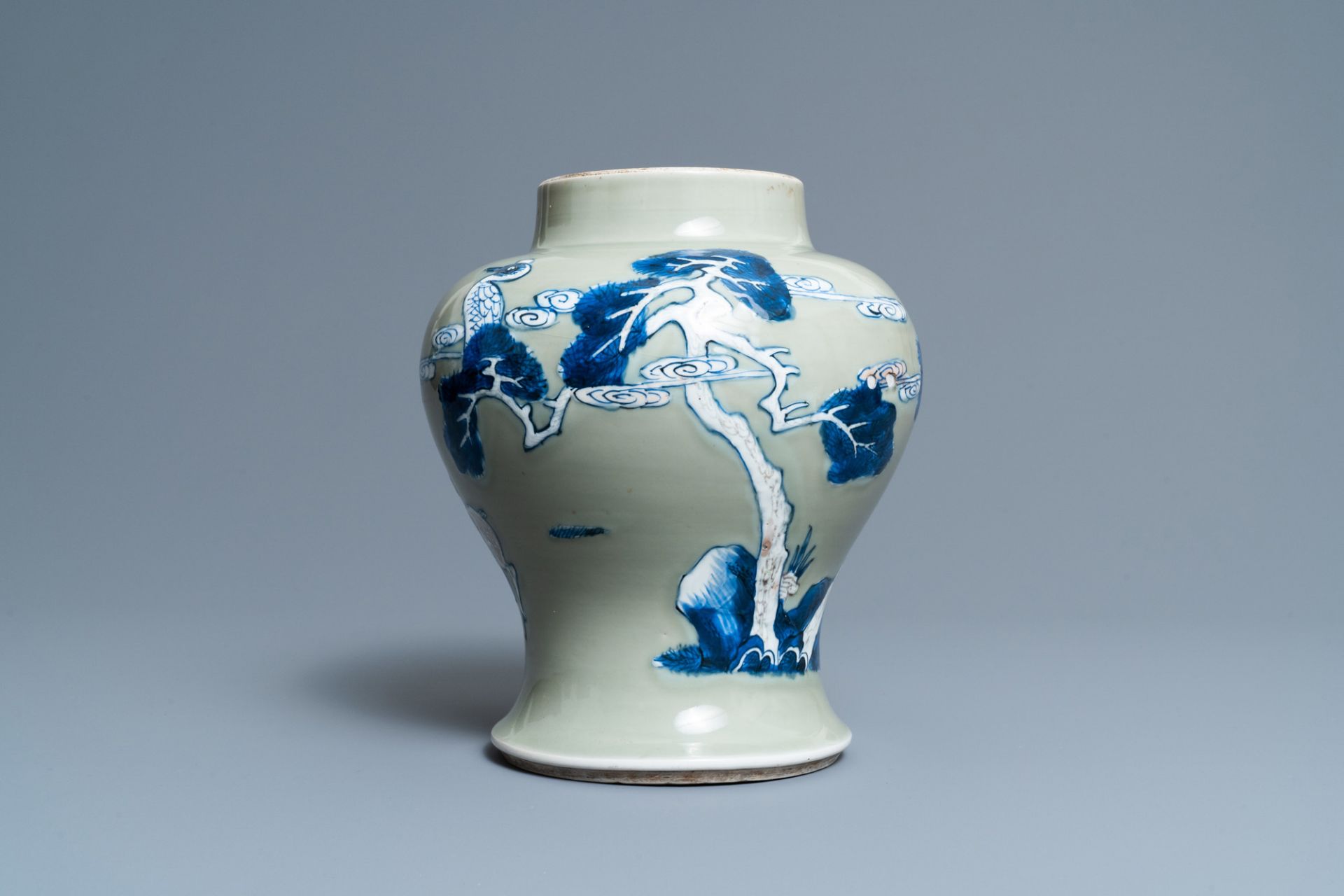A Chinese blue, white and copper-red celadon-ground 'birds and deer' vase, Kangxi - Image 5 of 7