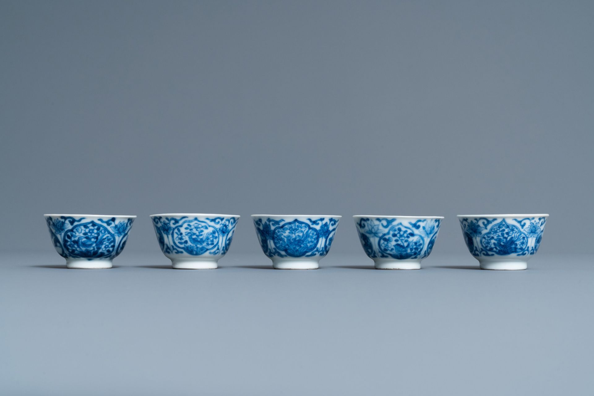 Five Chinese blue and white cups and saucers, Kangxi - Image 5 of 9