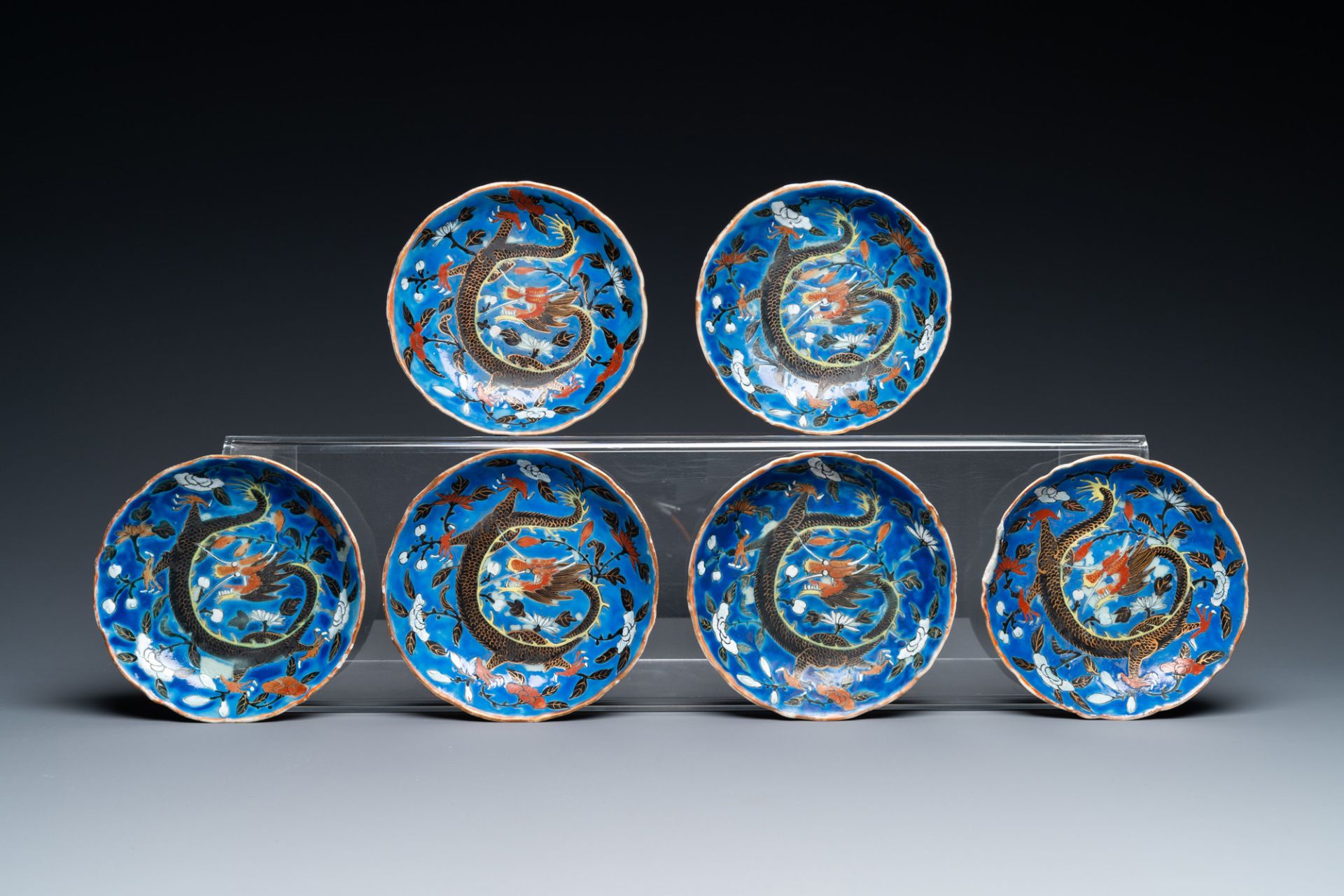 Six Chinese blue-ground cups and saucers with dragons, 19th C. - Image 2 of 9