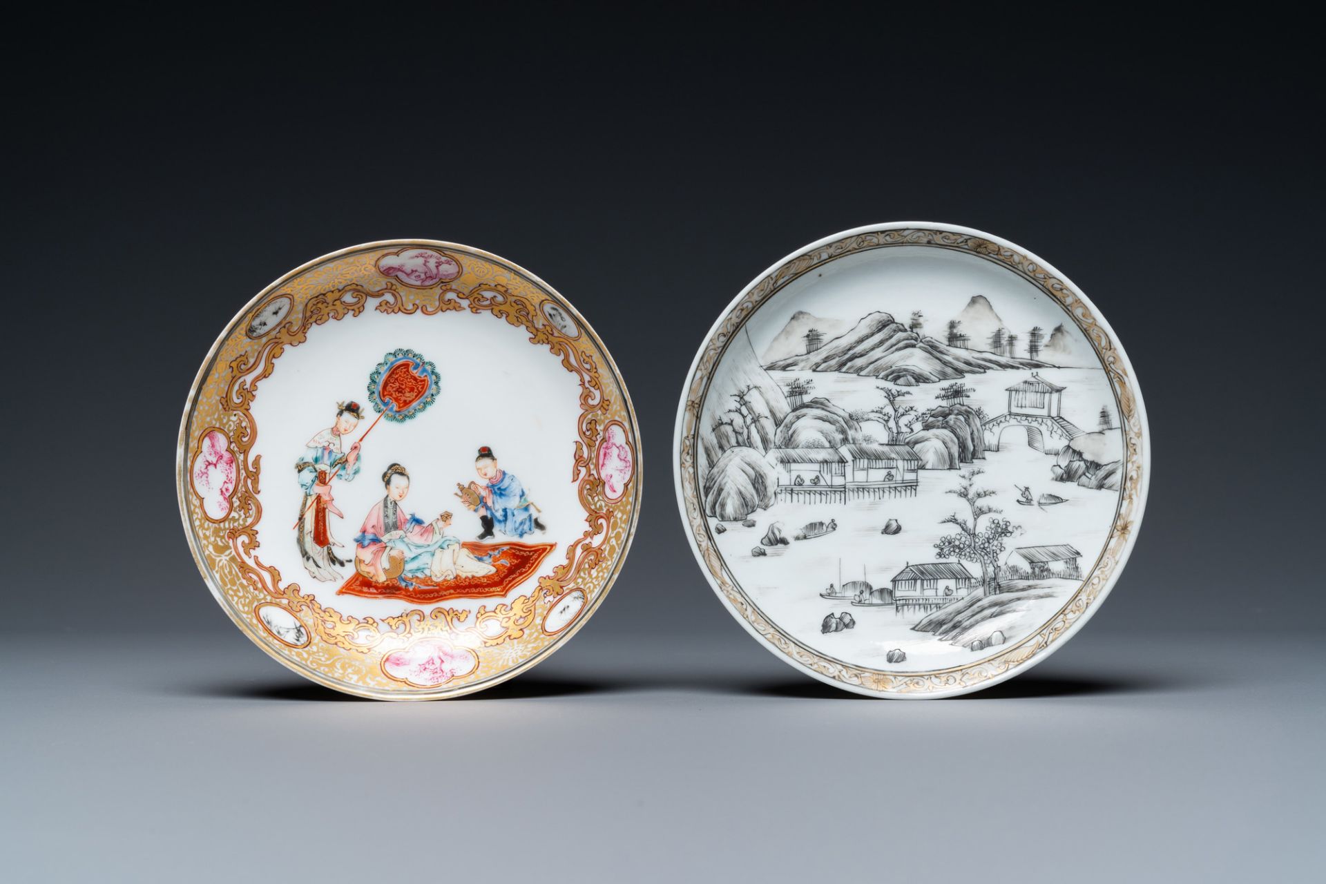 Two Chinese famille rose and grisaille cups and saucers, Yongzheng/Qianlong - Image 2 of 9