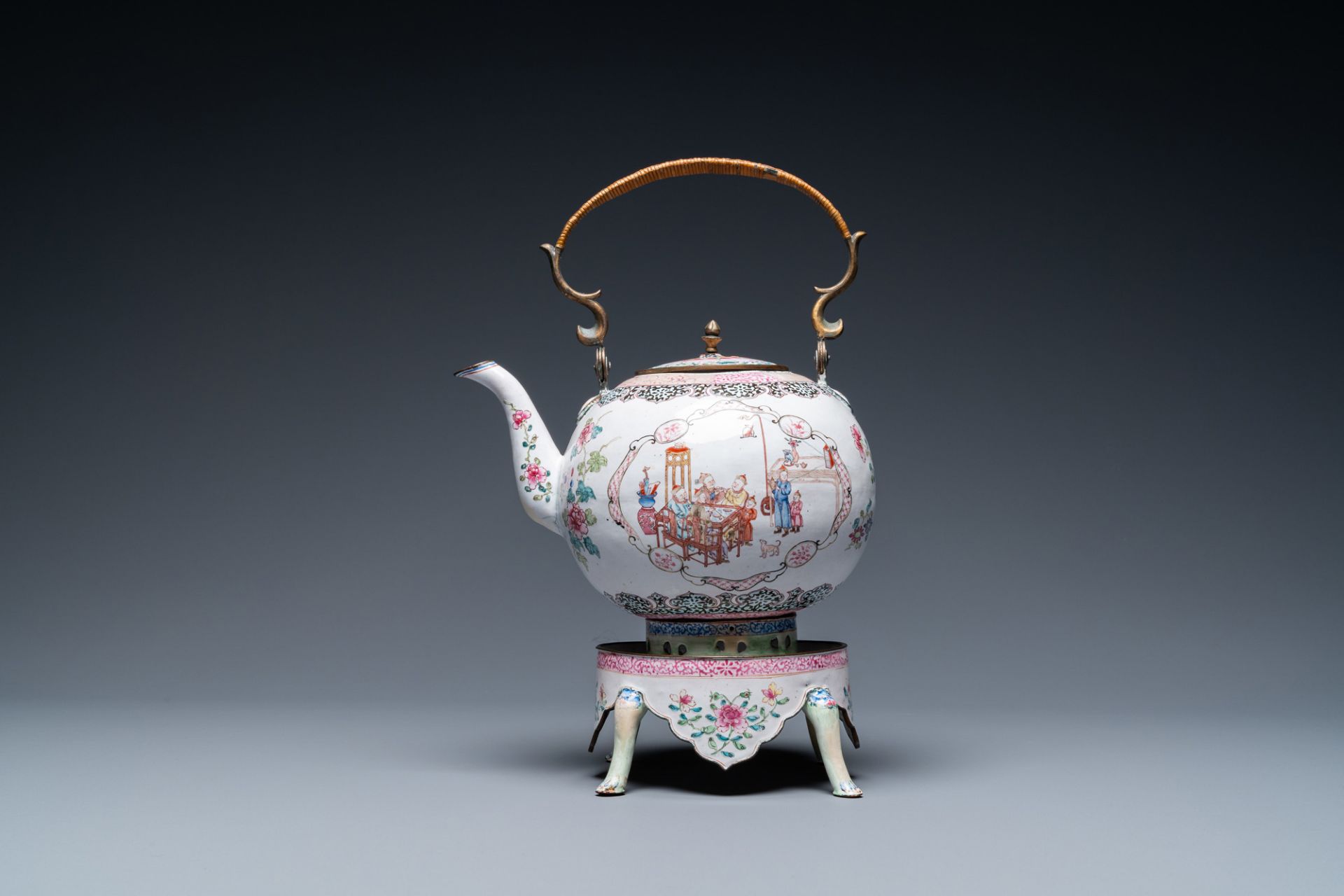 A Chinese Canton enamel teapot on warming stand, Qianlong - Image 2 of 7