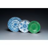 Two Chinese blue and white dishes and a green monochrome plate, Kangxi