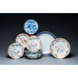 Six Chinese blue and white and famille rose dishes and a famille verte bowl, Kangxi/Qianlong