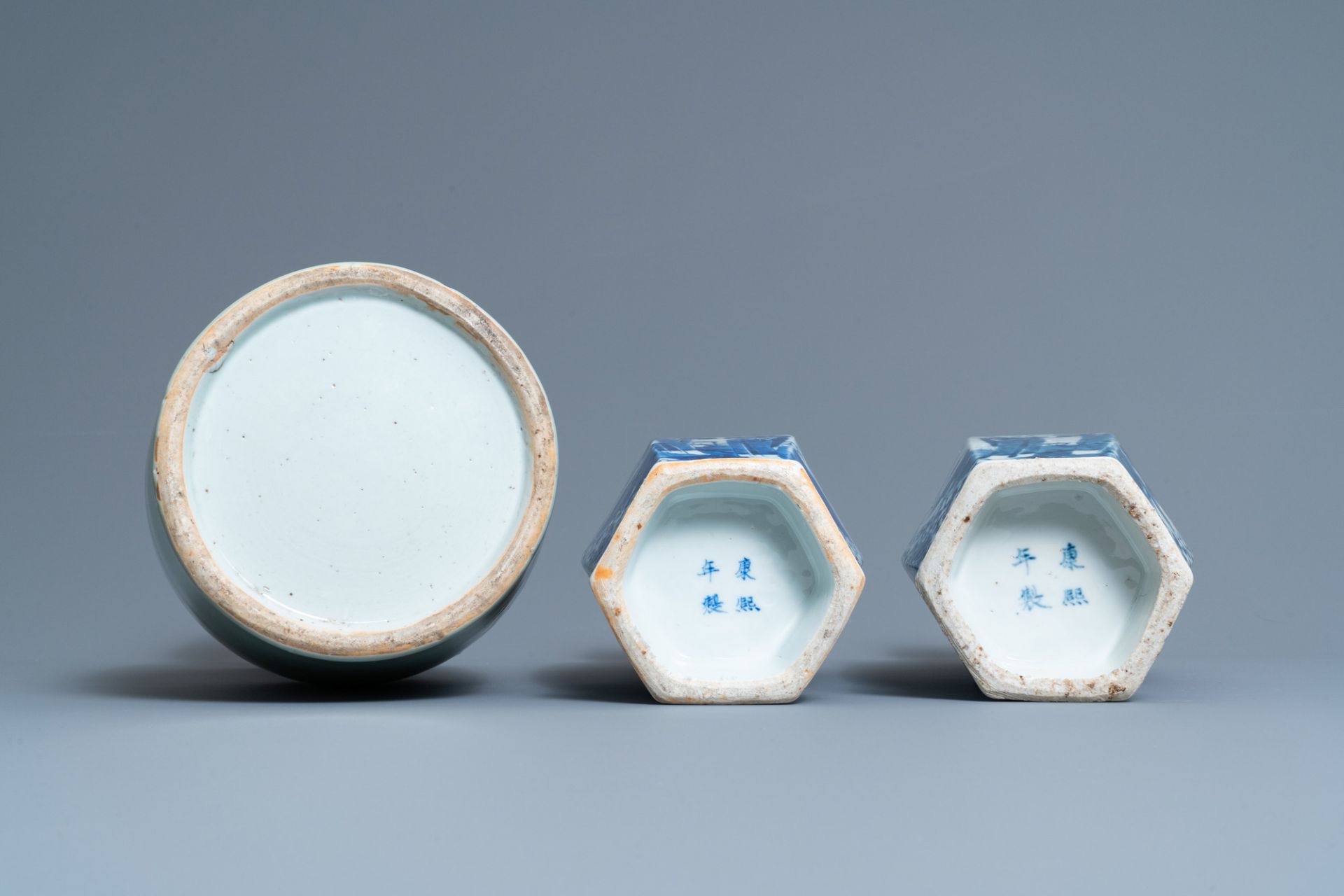 A pair of Chinese blue and white vases and a celadon-ground vase, 19th C. - Image 6 of 6