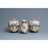 A pair of Chinese famille rose Nanking crackle-glazed jars and a jar with cover, 19th C.