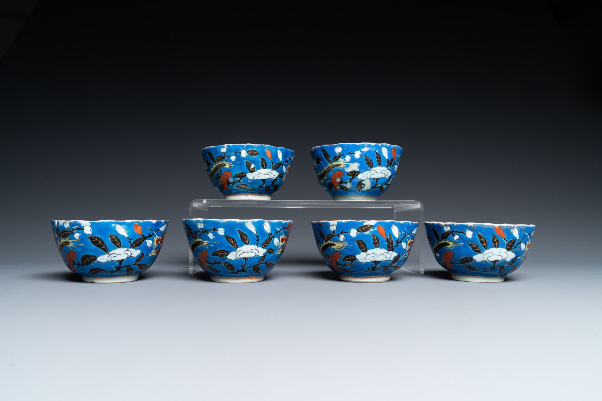 Six Chinese blue-ground cups and saucers with dragons, 19th C. - Image 7 of 9