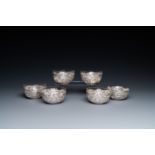 Six Chinese reticulated silver 'bamboo' bowls with glass inserts, 19/20th C.