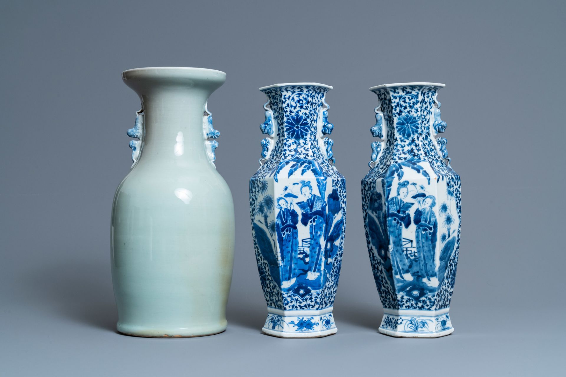 A pair of Chinese blue and white vases and a celadon-ground vase, 19th C. - Image 3 of 6