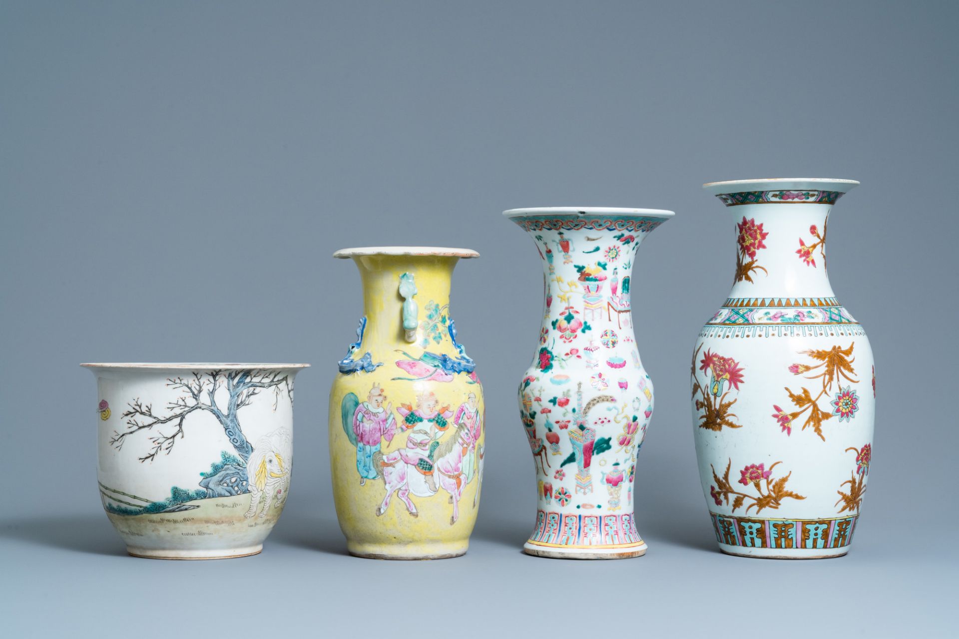 Three Chinese famille rose vases and a jardiniere, 19th C. - Image 3 of 7