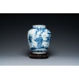 A Chinese blue and white vase with narrative design on wooden stand, Transitional period