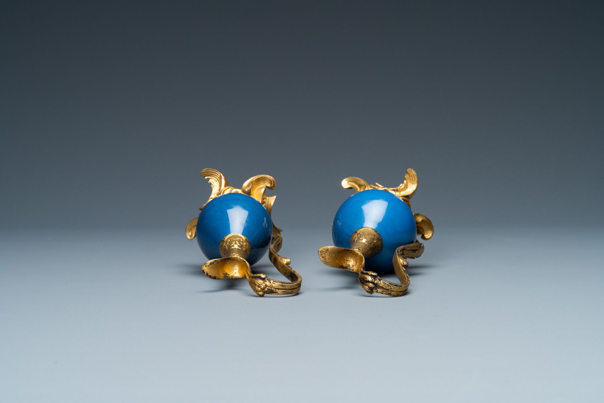 Two Chinese monochrome blue vases mounted as ewers with gilt bronze, Kangxi and 19th C. - Image 7 of 8