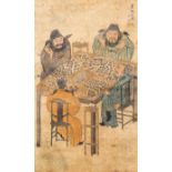 After You Qiu (ca. 1525-1580), print heightened with ink and color : 'Four mahjong-players', 20th C.