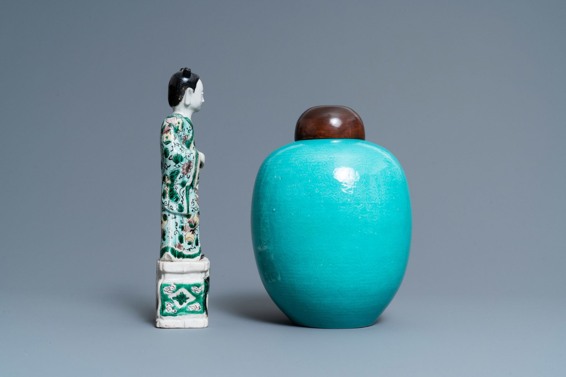 A Chinese verte biscuit figure, a green 'lotus' jar and a figurative blue and white plate, Kangxi an - Image 12 of 20