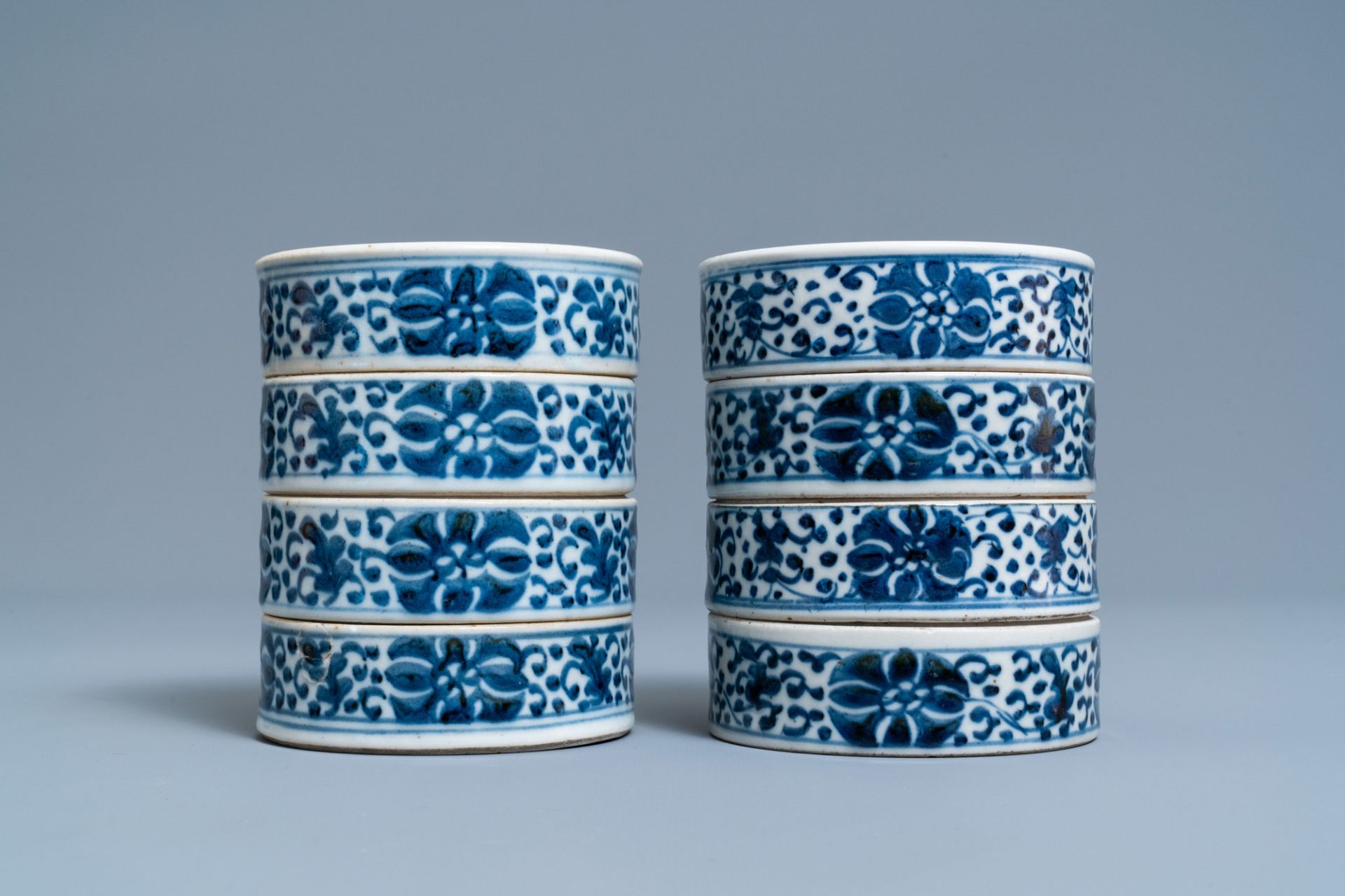 A pair of Chinese blue and white three-tier stacking boxes, a seal paste box and four saucers, 19th - Image 12 of 28