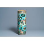 A Chinese cylindrical famille verte turquoise-ground vase, 19th C.