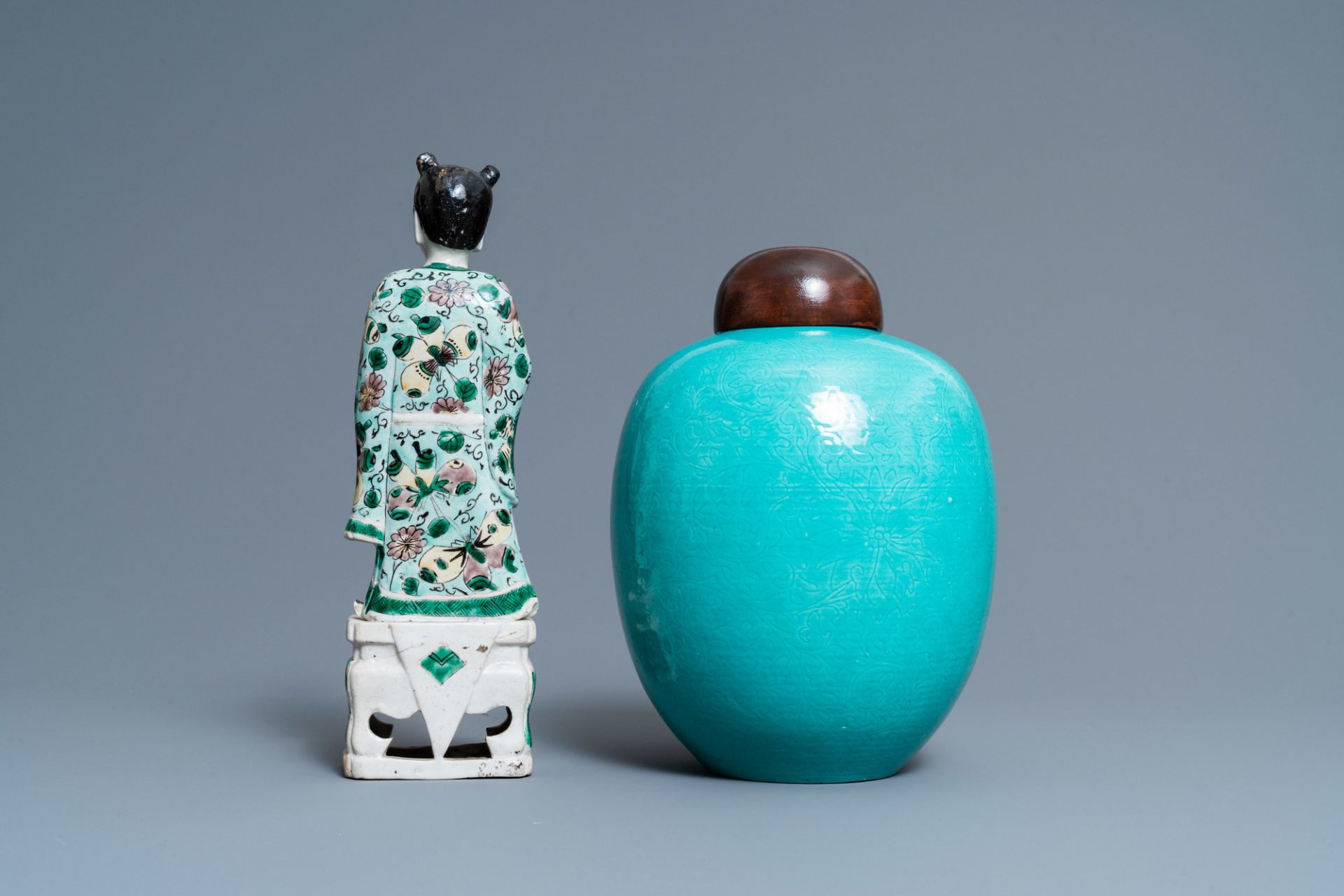 A Chinese verte biscuit figure, a green 'lotus' jar and a figurative blue and white plate, Kangxi an - Image 13 of 20
