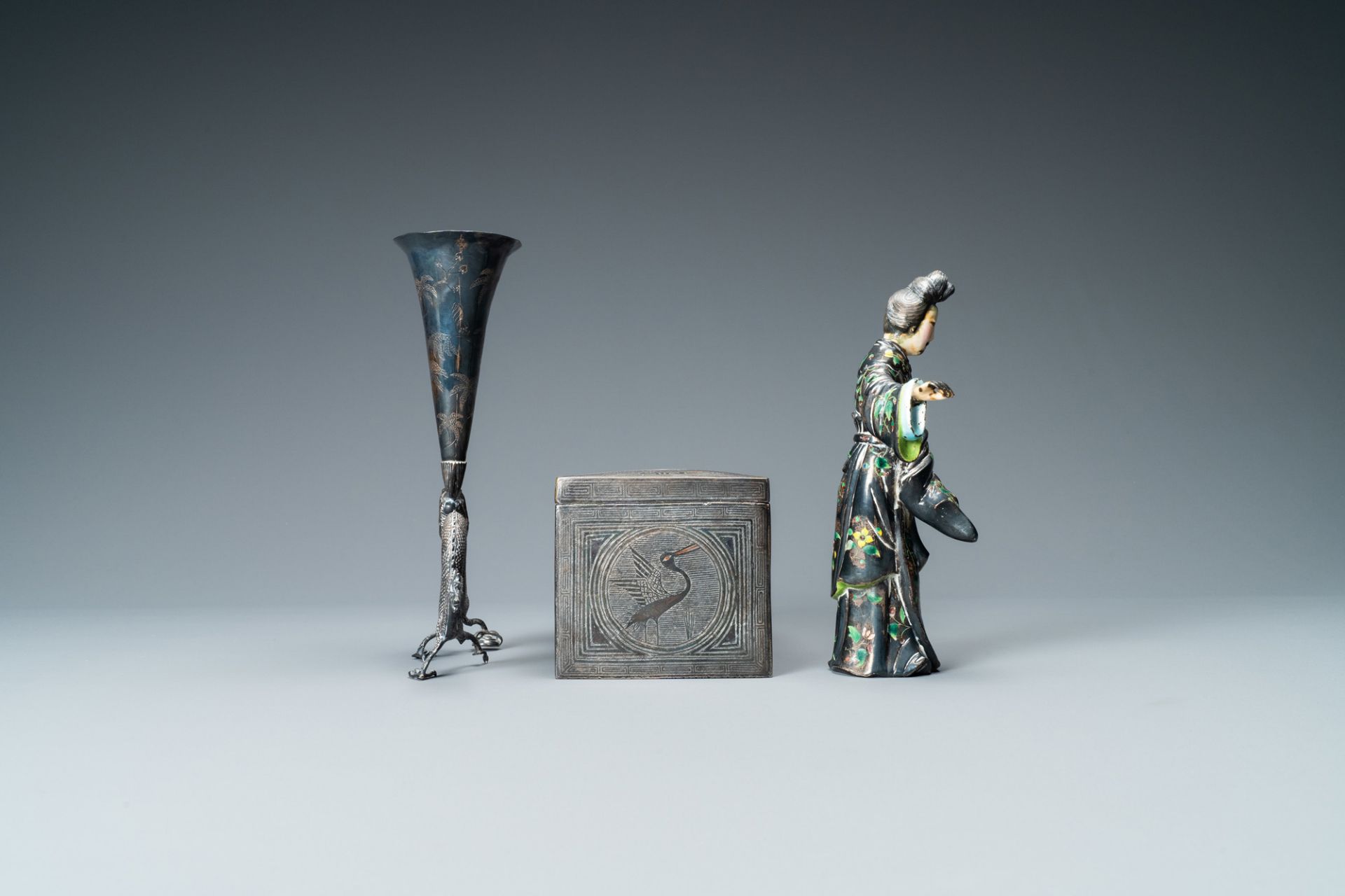 A Chinese enamelled silver figure, a silver vase, a silver-inlaid bronze censer and a silver-plated - Image 5 of 12