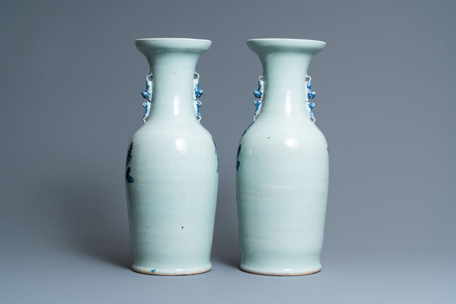 A pair of Chinese blue and white celadon 'pheasant' vases, 19th C. - Image 3 of 6