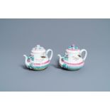 A pair of Chinese famille rose teapots and covers with applied design, Yongzheng