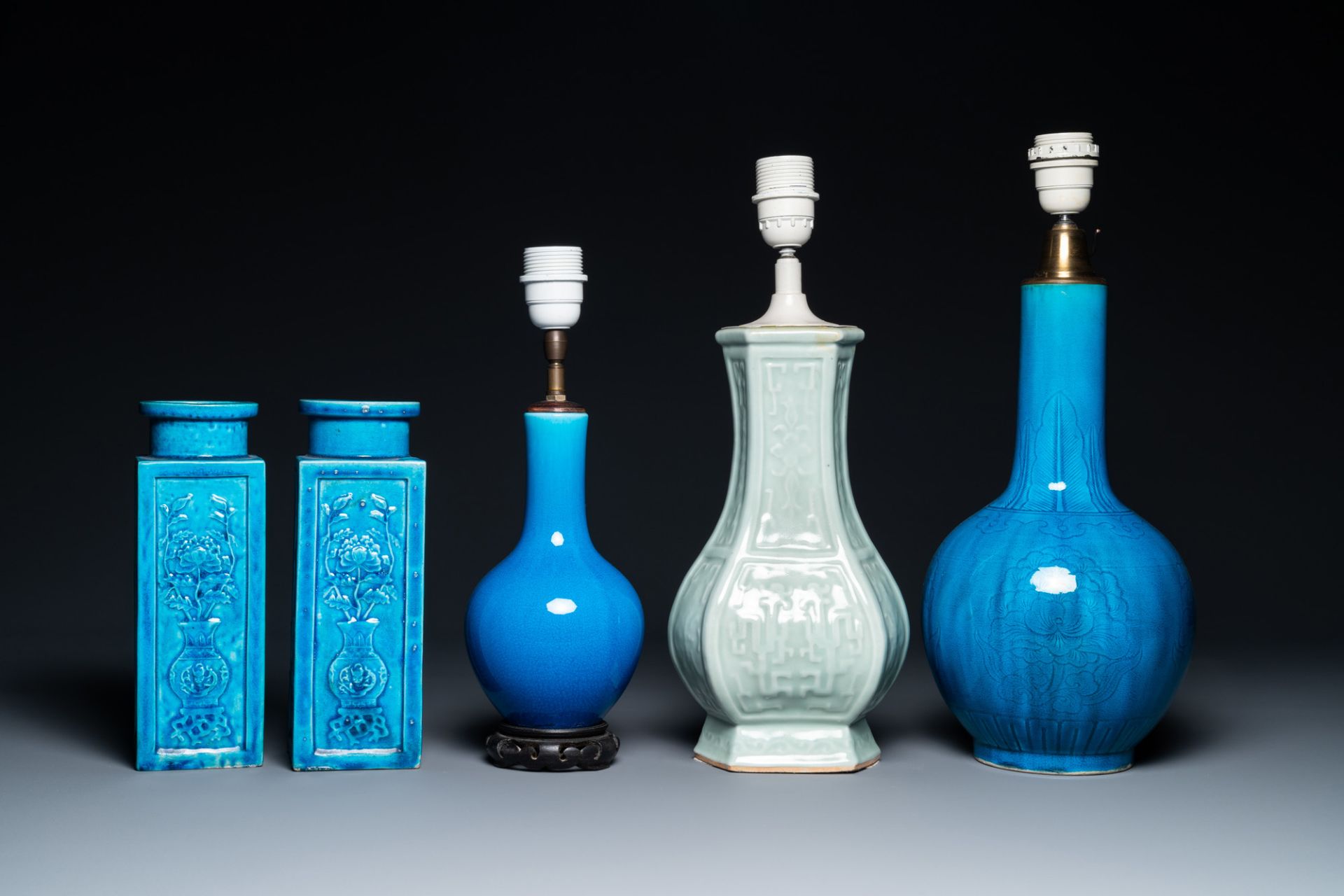 Four Chinese monochrome turquoise vases and a celadon vase, 19/20th C. - Image 2 of 9