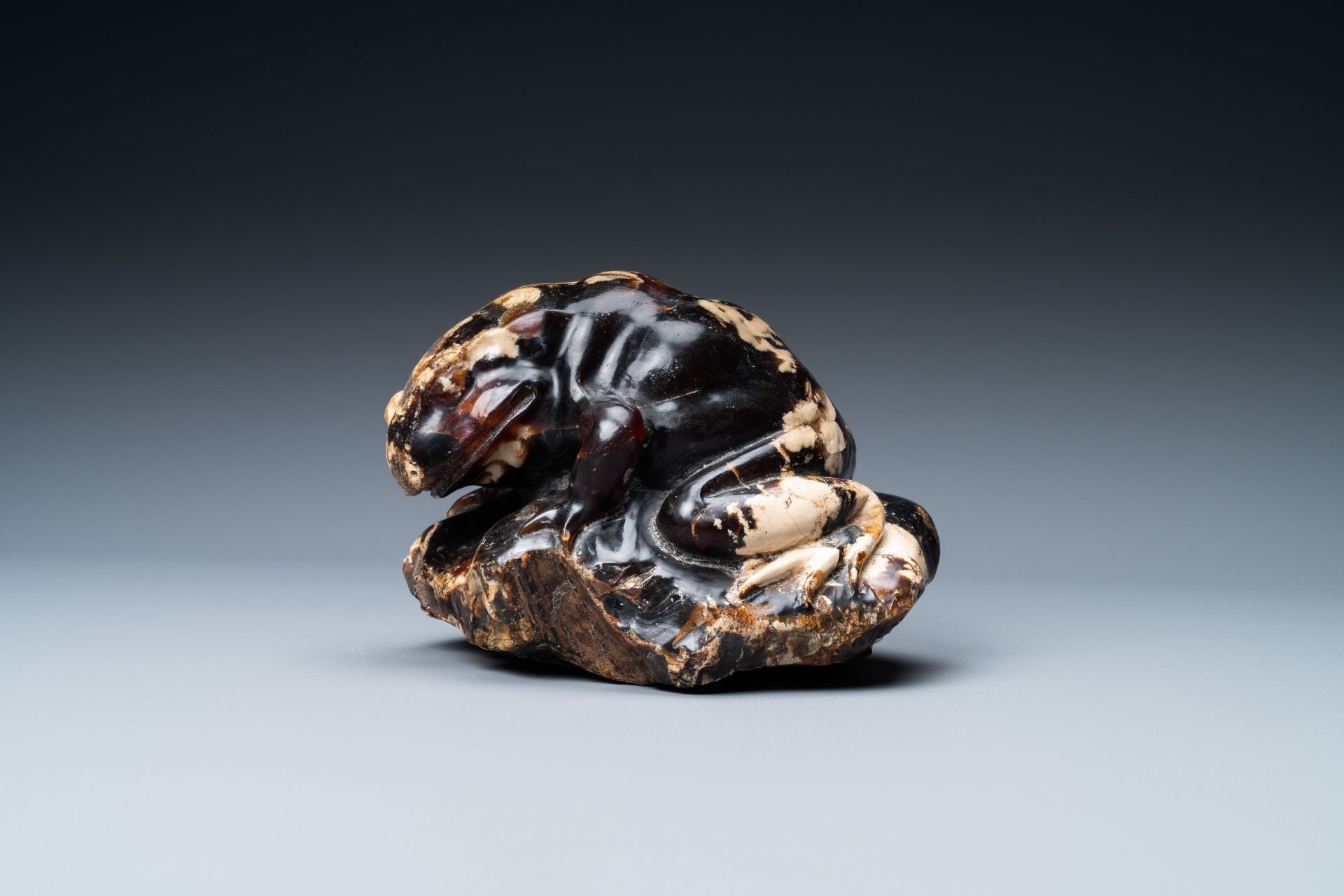 A Chinese carved amber model of a toad, 19/20th C.