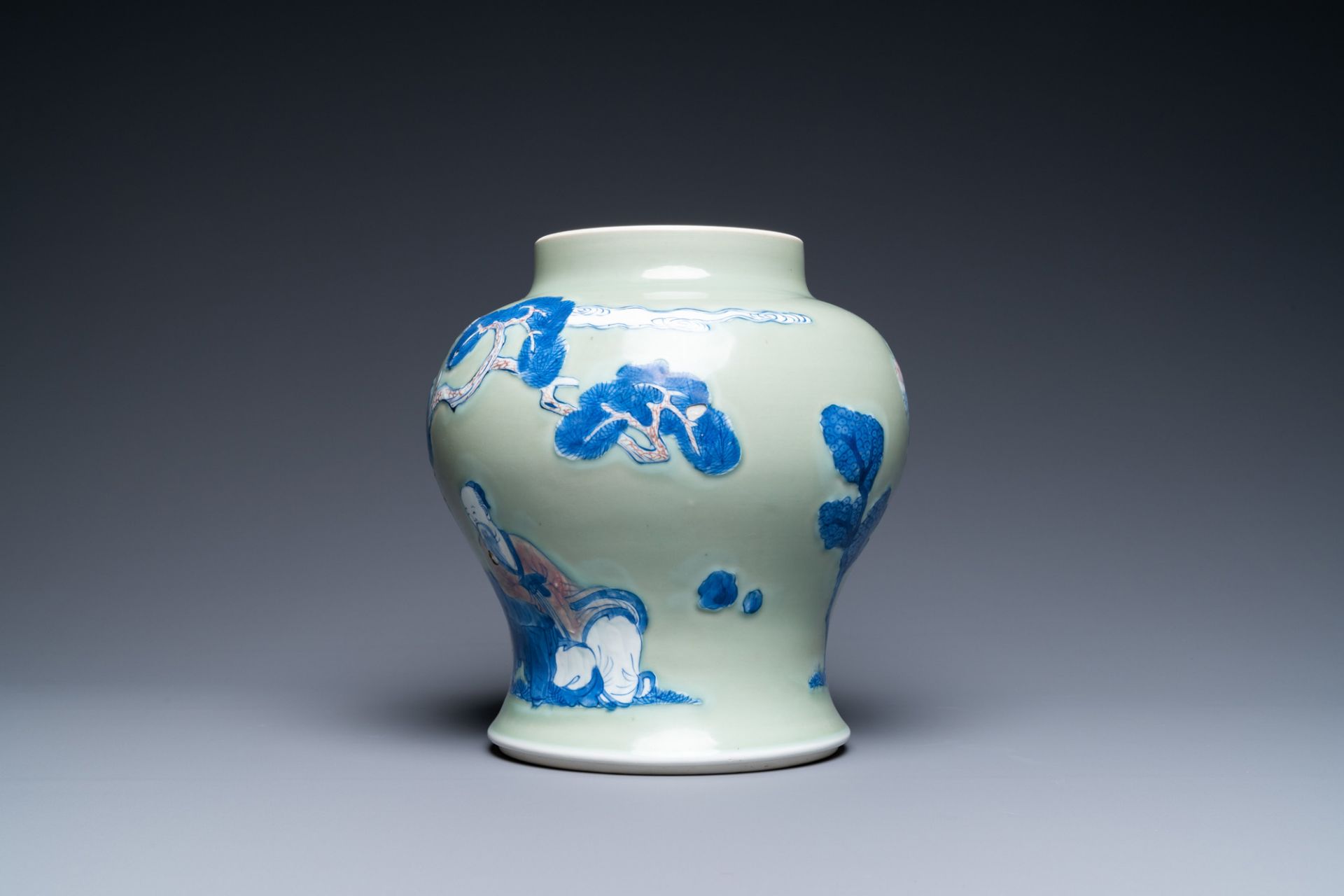 A Chinese blue, white and copper-red celadon-ground vase, Kangxi - Image 3 of 6