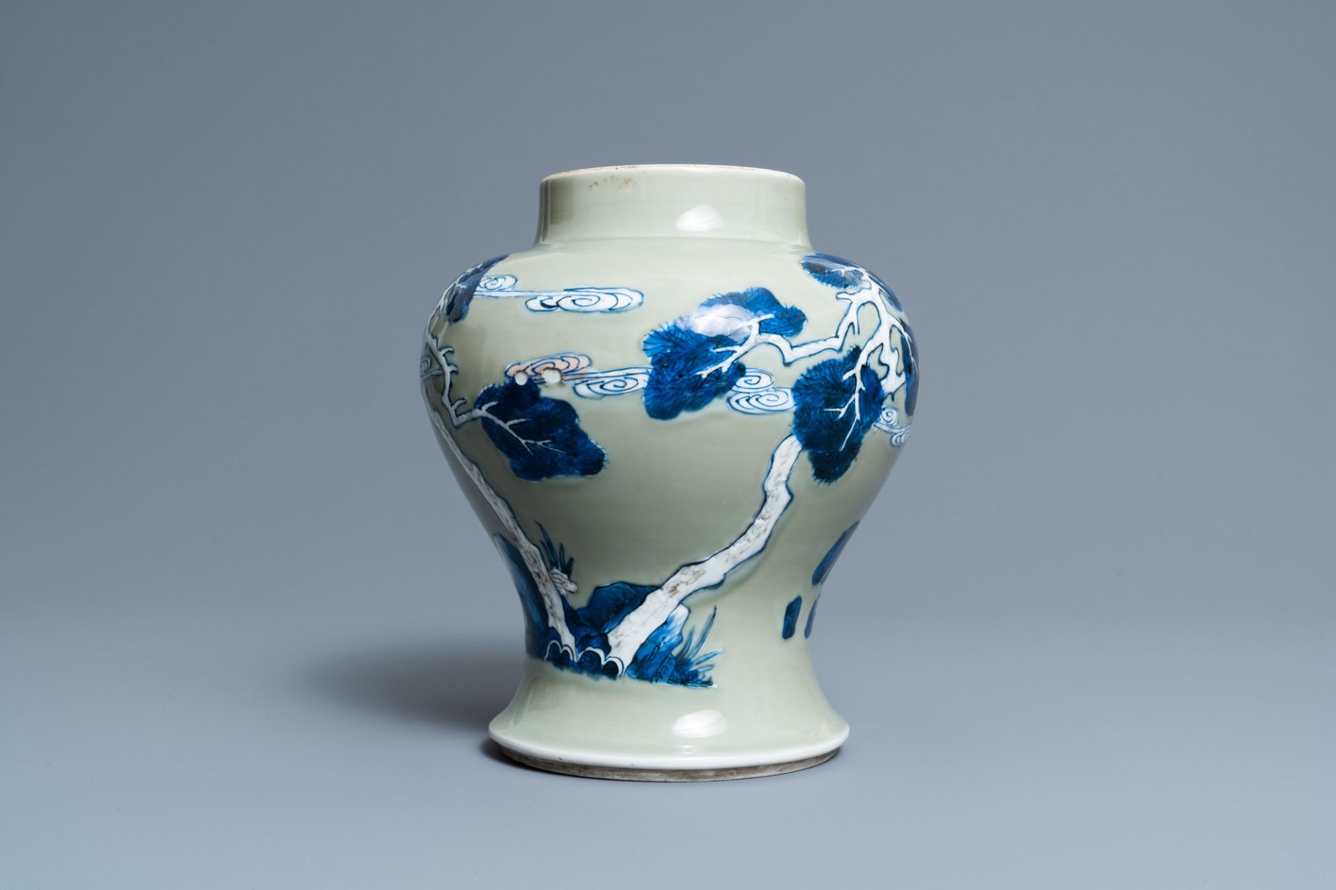 A Chinese blue, white and copper-red celadon-ground 'birds and deer' vase, Kangxi - Image 4 of 7