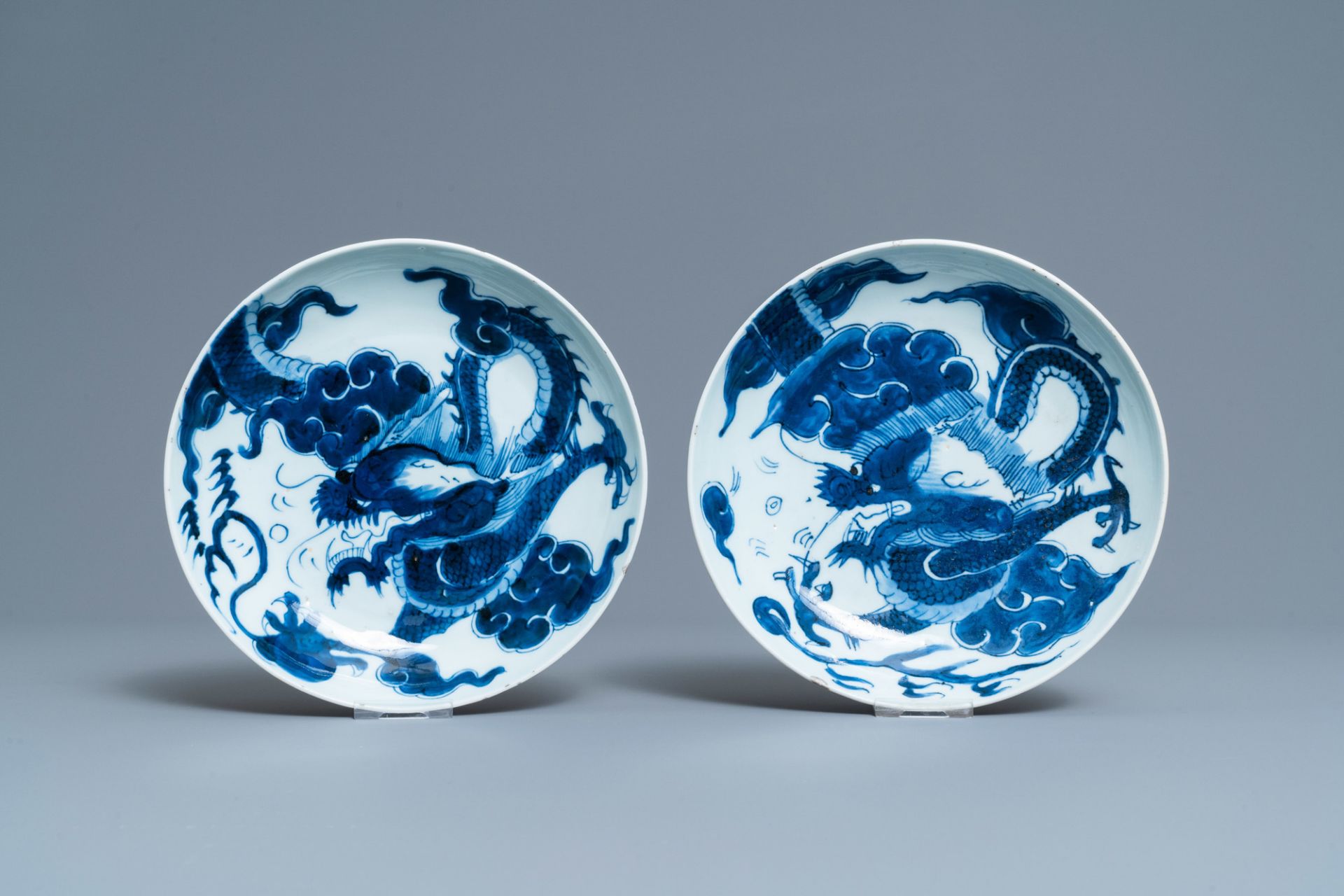 A pair of Chinese blue and white 'dragon' plates and a monochrome copper-red vase, Kangxi and later - Image 8 of 9