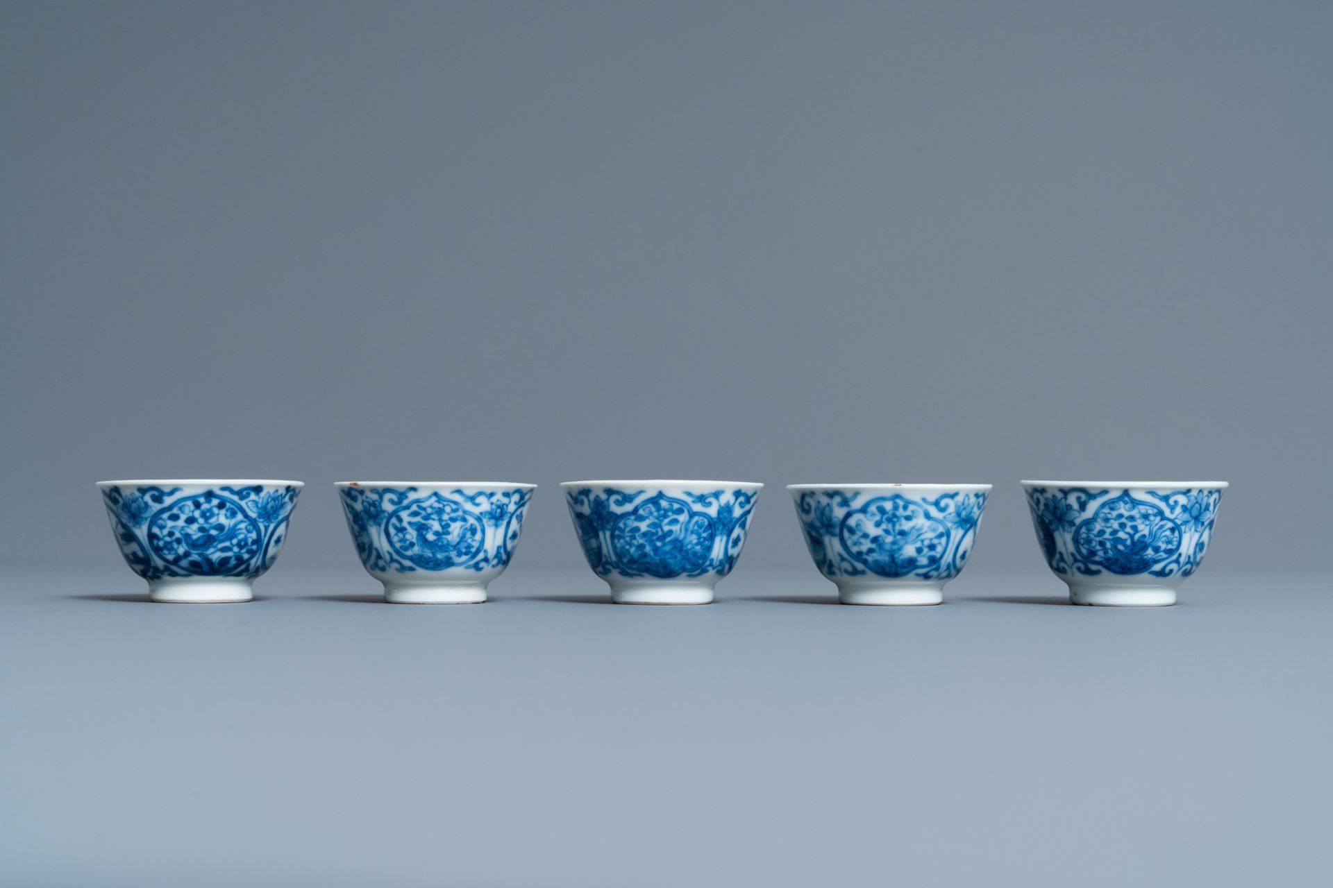 Five Chinese blue and white cups and saucers, Kangxi - Image 7 of 9