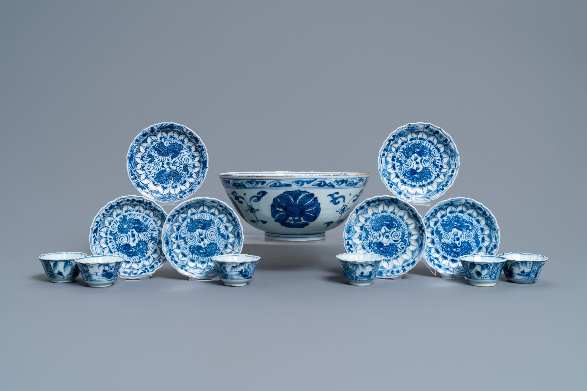 Six Chinese blue and white cups, six saucers and a bowl, Ming and Kangxi